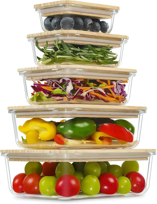Urban Green Glass Containers with Bamboo Lids, Meal Prep Glass Food storage Container Set, 5 Pack, Pantry & Kitchen Organizer, Microwave, Oven, Freezer Safe