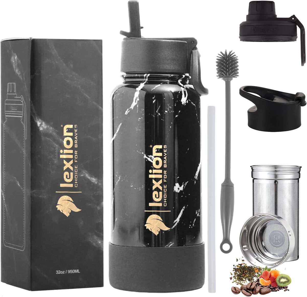 Lexlion 32 Oz Triple Walled Insulated Stainless Steel Tea Infuser Bottle, Fruit Infuser, Leakproof, Sweatproof