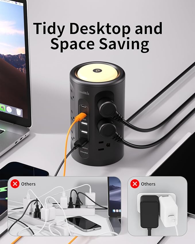 Surge Protector Power Strip Tower with 5 USB Ports and Night Light,10FT Extension Cord with 12 AC Multiple Outlets (Black, 10FT)