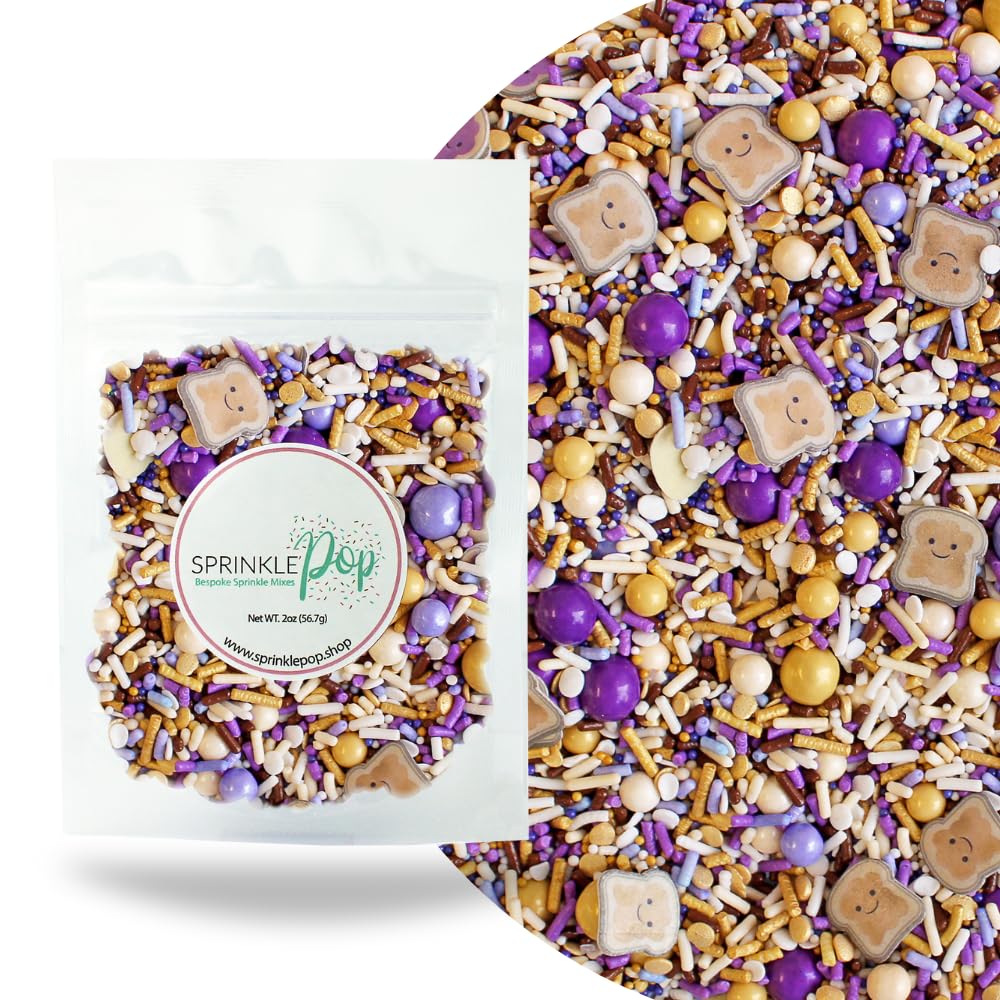 Sprinkle Pop PB&J Sprinkle Mix| lavender Purple Gold Cream Chocolate Sprinkles with ~10 Peanut Butter & Grape Jelly Slice Wafer Papers| Sprinkles Made in USA for Decorating Cake Cupcakes Cookies, 2oz