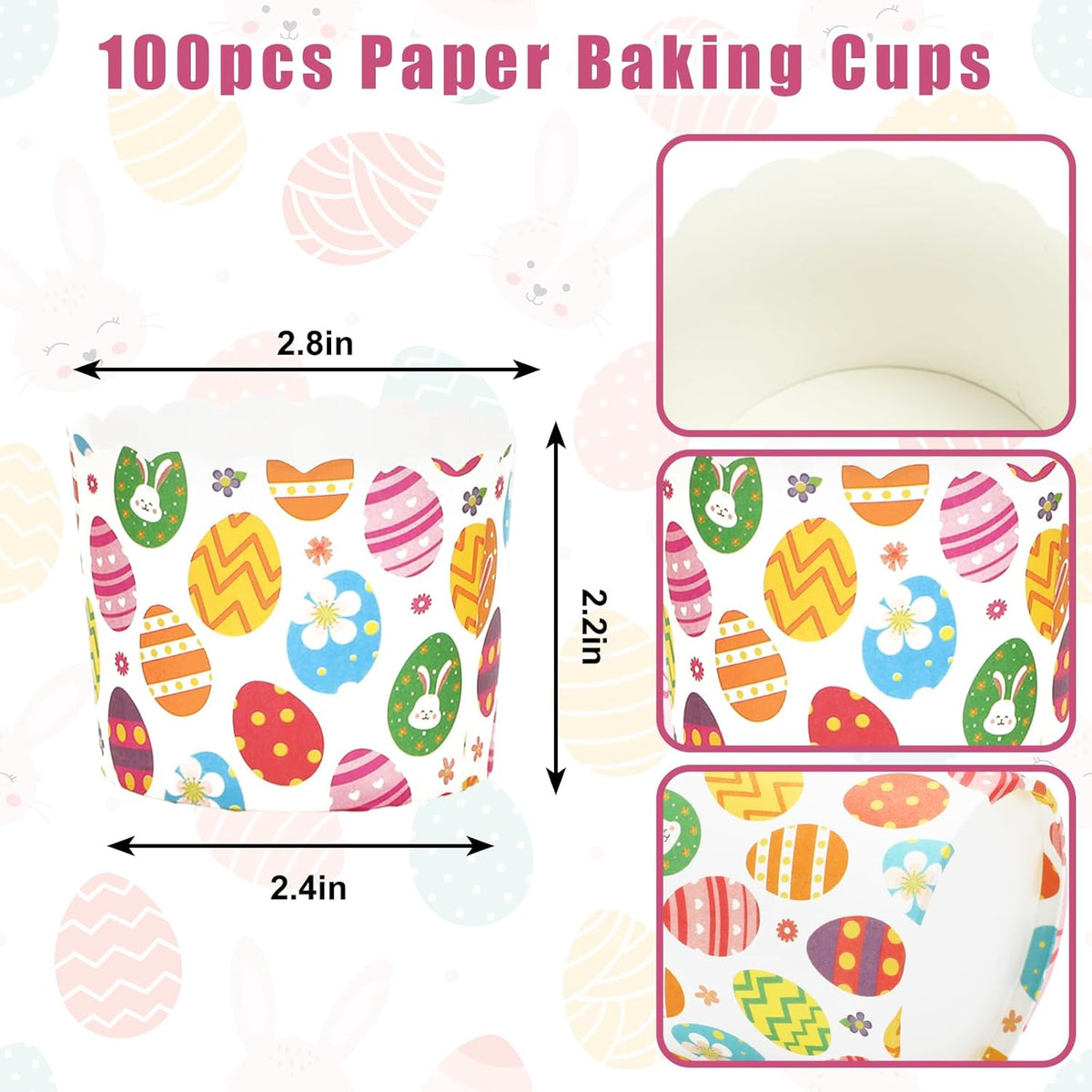 Whaline 100Pcs Multicolor Easter Paper Baking Cups with Easter Egg Bunny Flower Design, Disposable, 9 x 3.5 Inch