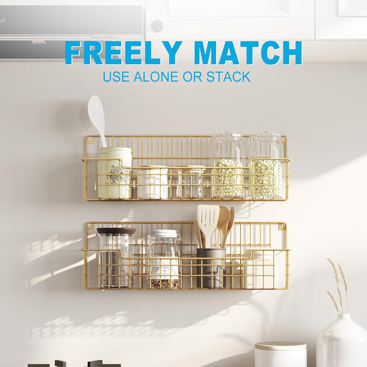 Spice Rack, 4-Pack Seasoning Organizer Wall Mounted for Kitchen Storage Organization, Metal Spice Holder Shelf for Cabinet, Pantry, Gold