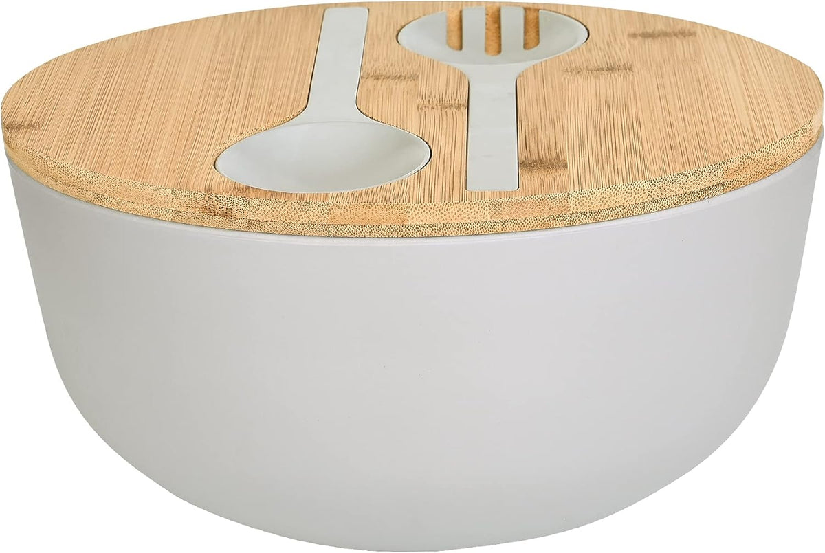 Bamboo Fiber Salad Bowl with Servers Set Large 9.8inches Nature Bamboo Mixing Bowl with Servers with Lid Spoon and Fork for Fruits,Salads and Vegetables