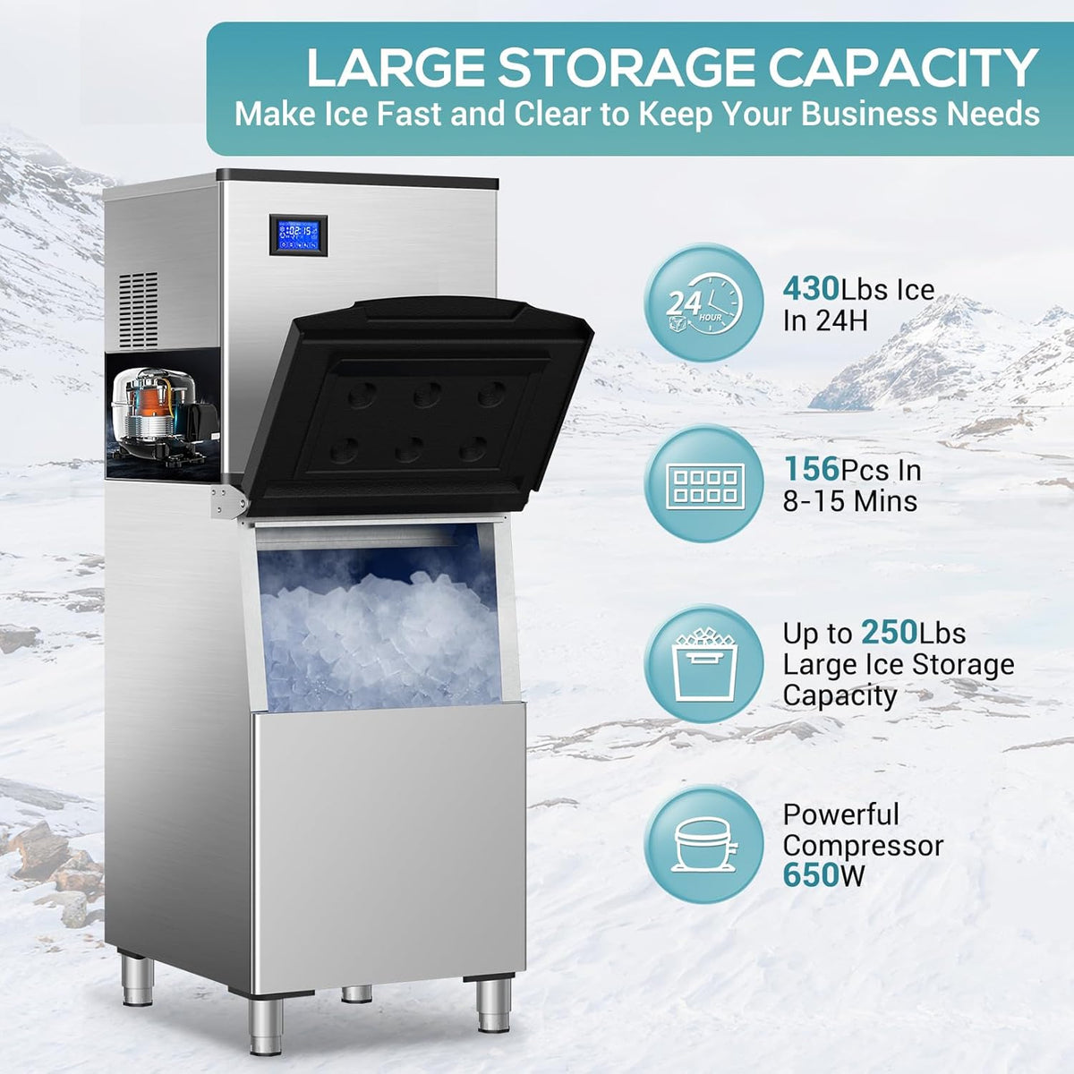 Commercial Ice Maker Machine 430Lbs/24H, Industrial Ice Machine 350 Lbs Storage Bin, 156PCS Clear Ice Cubes in 11 Mins, Freestanding Stainless Steel Ice Maker for Restaurants/Bar/Large Families