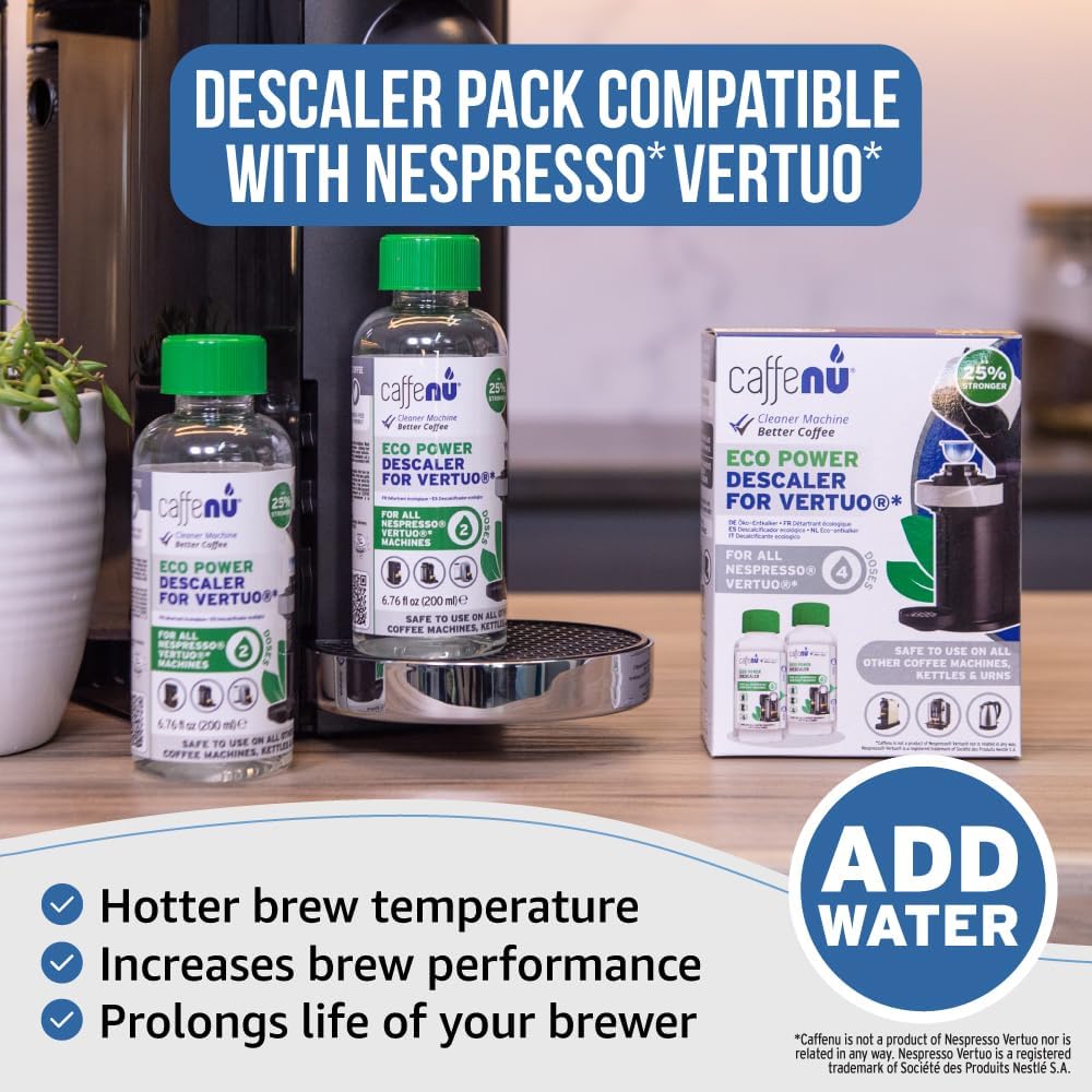 Nespresso Compatible Descaling Kit. 2 Bottles of Vertuo Descaler Solution. Removes Limescale For Hotter Coffee. 4 Uses Descaler For Nespresso Vertuo Coffee Machines.
