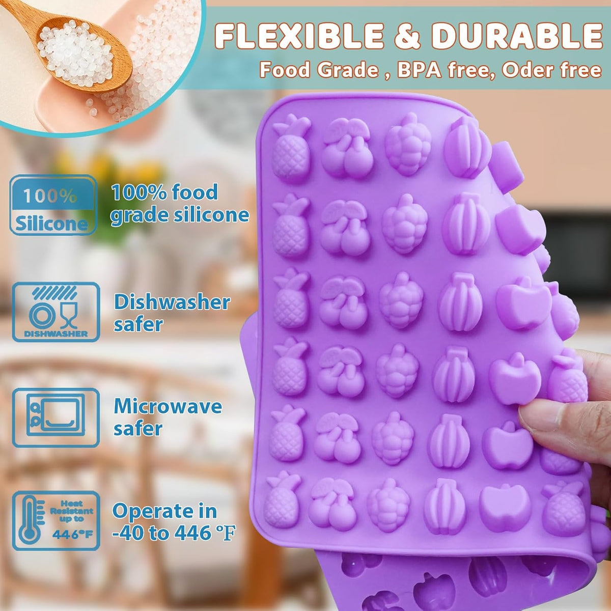 HKNMTT Gummy Fruit Molds Silicone, Mini Cute Fruit Shaped Candy Chocolate Tray Molds With 2 Droppers, 4 Pack 264 Cavities Non-stick Bite Size Kids Apple Molds, DIY Candy Making Kit