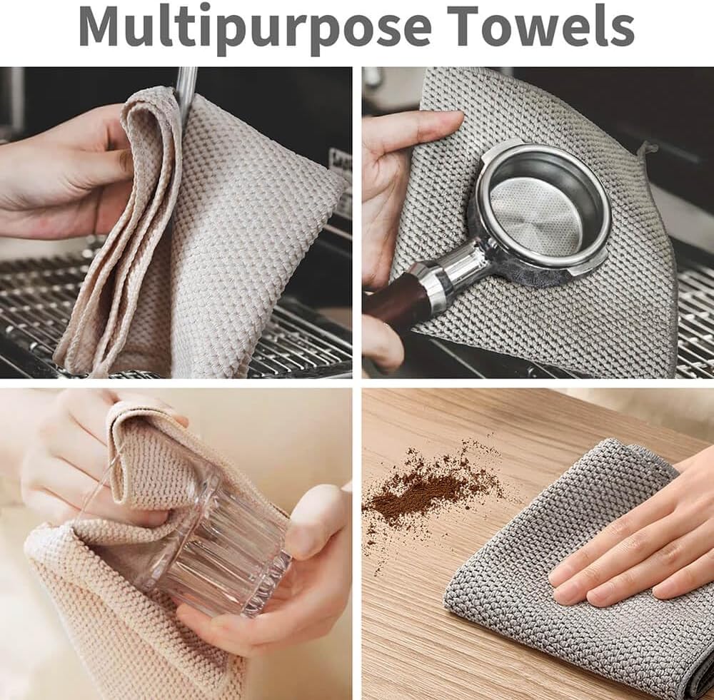 Barista Towels 8 Pack, Microfiber Coffee Cleaning Cloths for Espresso Machines, Steam Wands & Countertops – Essential Coffee Bar Accessories, 12”x12”, Grey