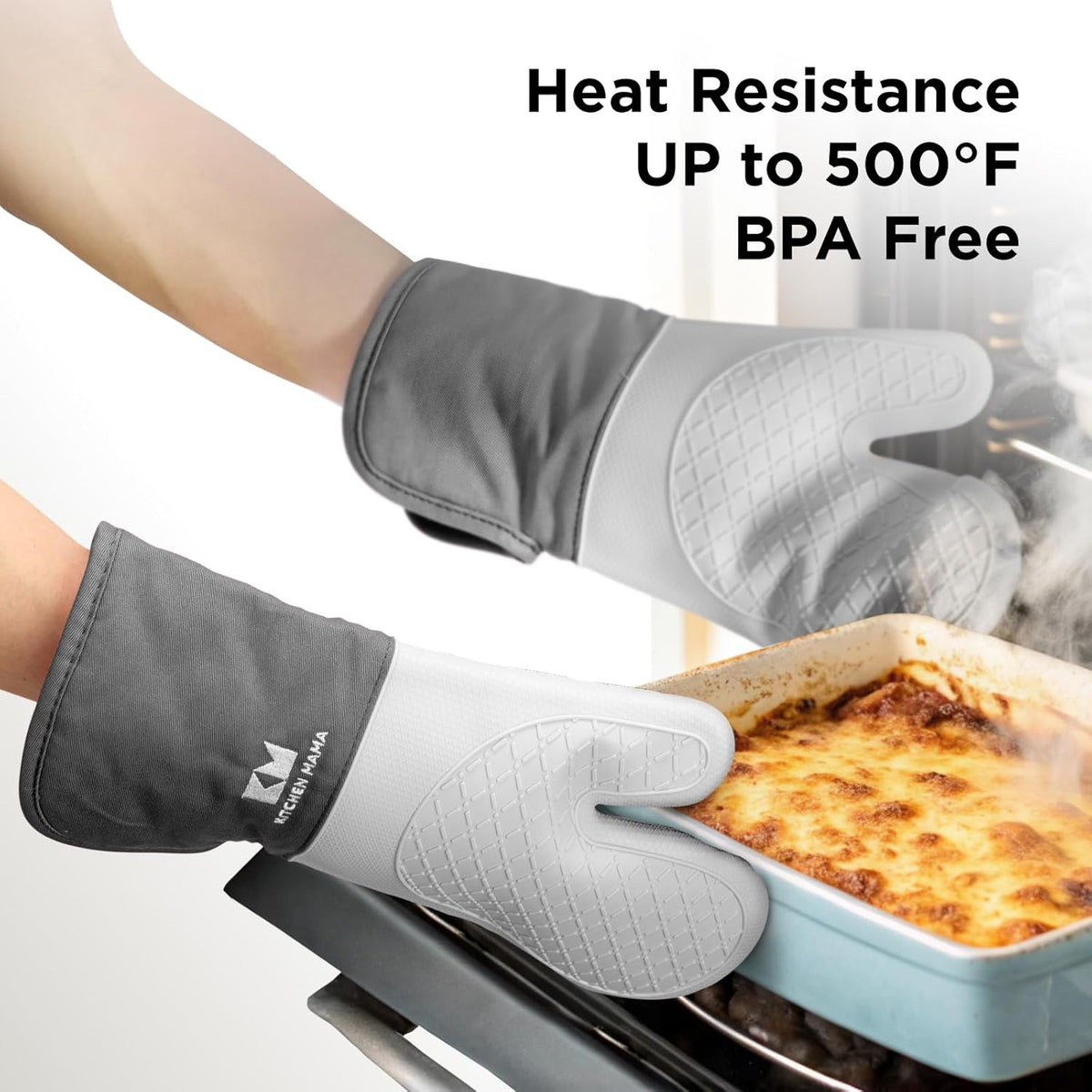 Kitchen Mama UltraShield Silicone Oven Mitts Heat Resistant – Non-Slip, Stain-Resistant, Silicone Cooking Mitts & Pot Holders for Baking, Grilling, Heat Resistant Cooking Gloves (Metal Gray)