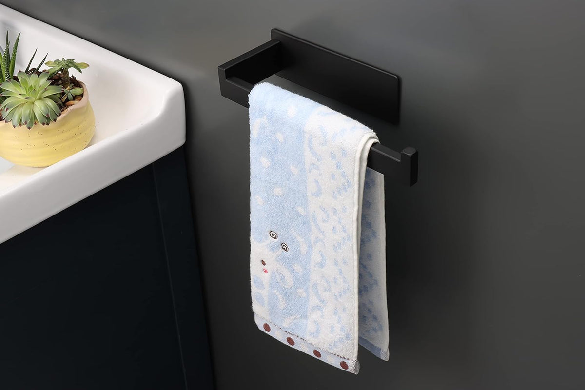 Hand Towel Holder, Strong Self Adhesive Hand Towel Ring, Thicken SUS304 Stainless Steel Hand Towel Bar/Rack, No Drilling Modern Hand Towel Hanger (Matte Black, 9 in)