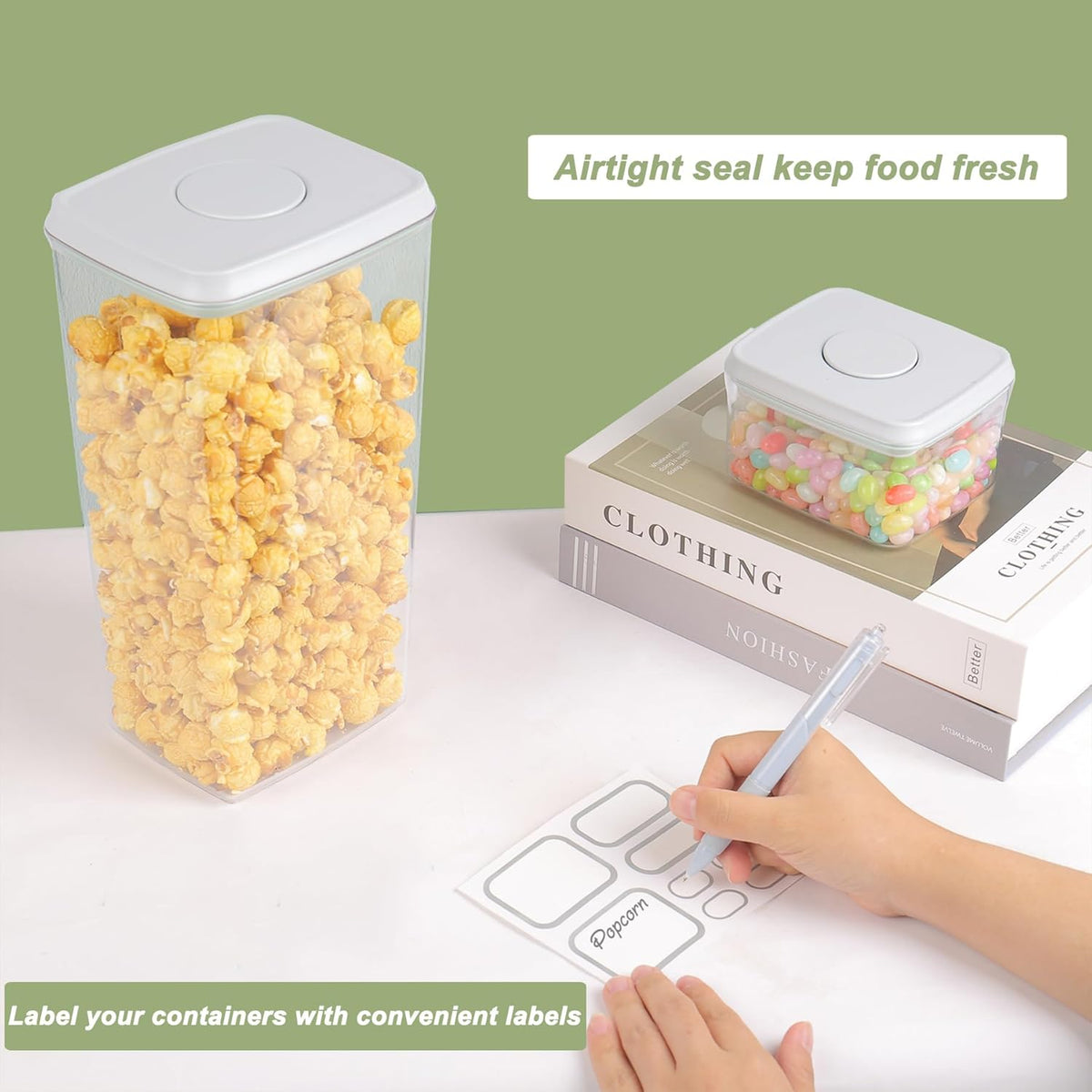 Airtight Food Storage Containers with Lids Pop Up Containers Pasta Organizer for Kitchen Pantry Cereal Snack Flour Sugar Coffee (3pc 1200ml / 1.26qt)