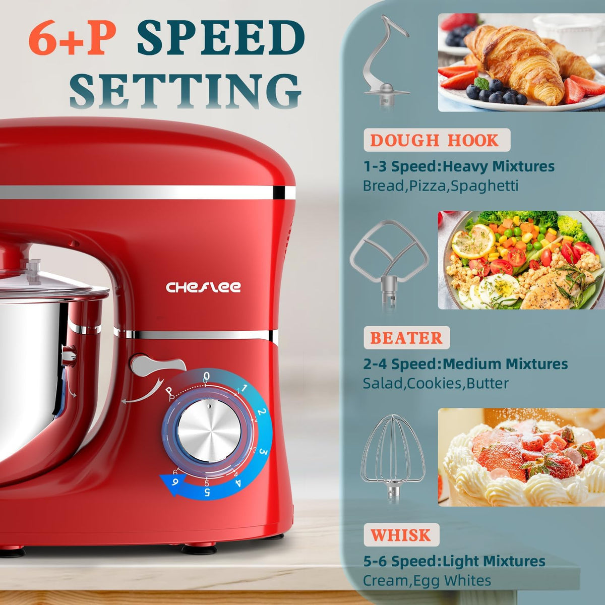 CHeflee Stand Mixer,600W 6+P With 6.5QT Stainless Steel Bowl,Dough Hook, Wire Whip & Beater,for Most Home Cooks,Red
