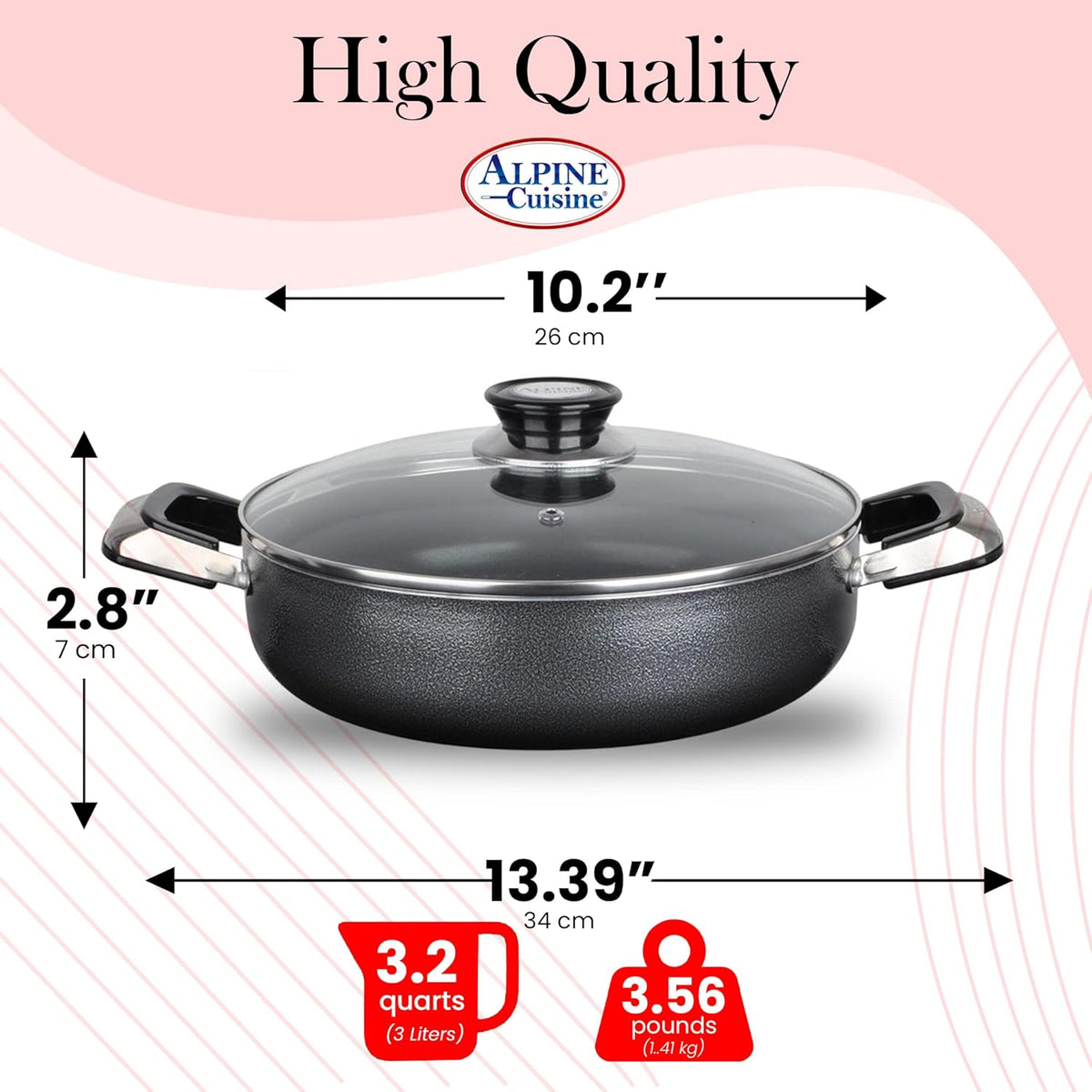 Alpine Cuisine 3.2 Quart Non-stick Caldero Stock Pot with Tempered Glass Lid and Carrying Handles, Multi-Purpose Cookware Aluminum Low Pot Dutch Oven for Braising, Boiling, Stewing