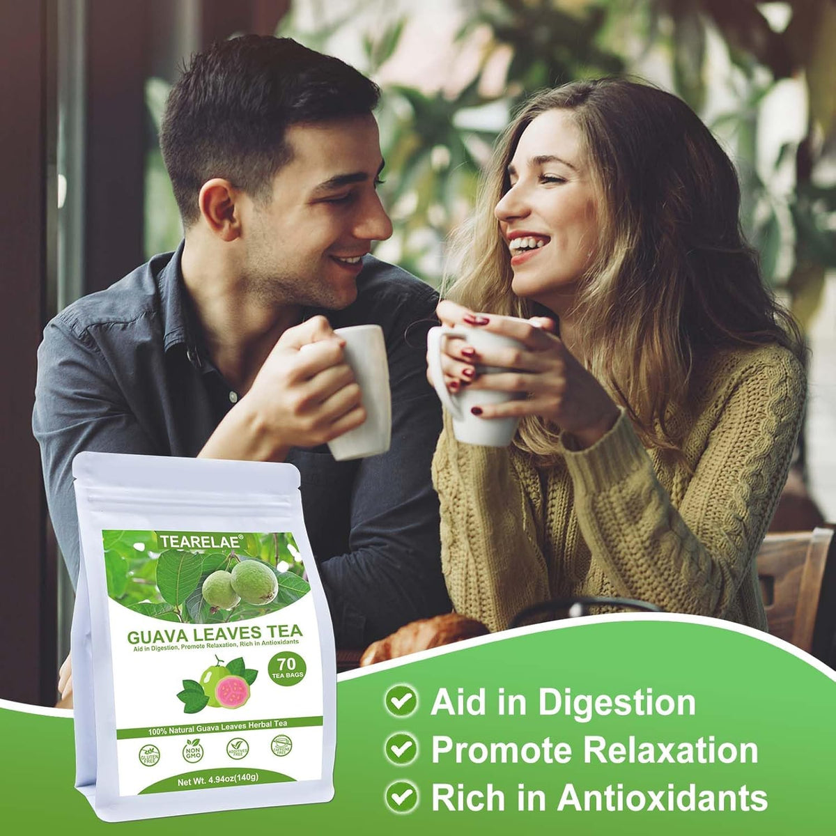 TEARELAE - Guava Leaves Tea Bags - 70 Count - 100% Pure Natural Guava Leaves - Aid in Digestion, Promote Relaxation - Non-GMO - Caffeine-Free