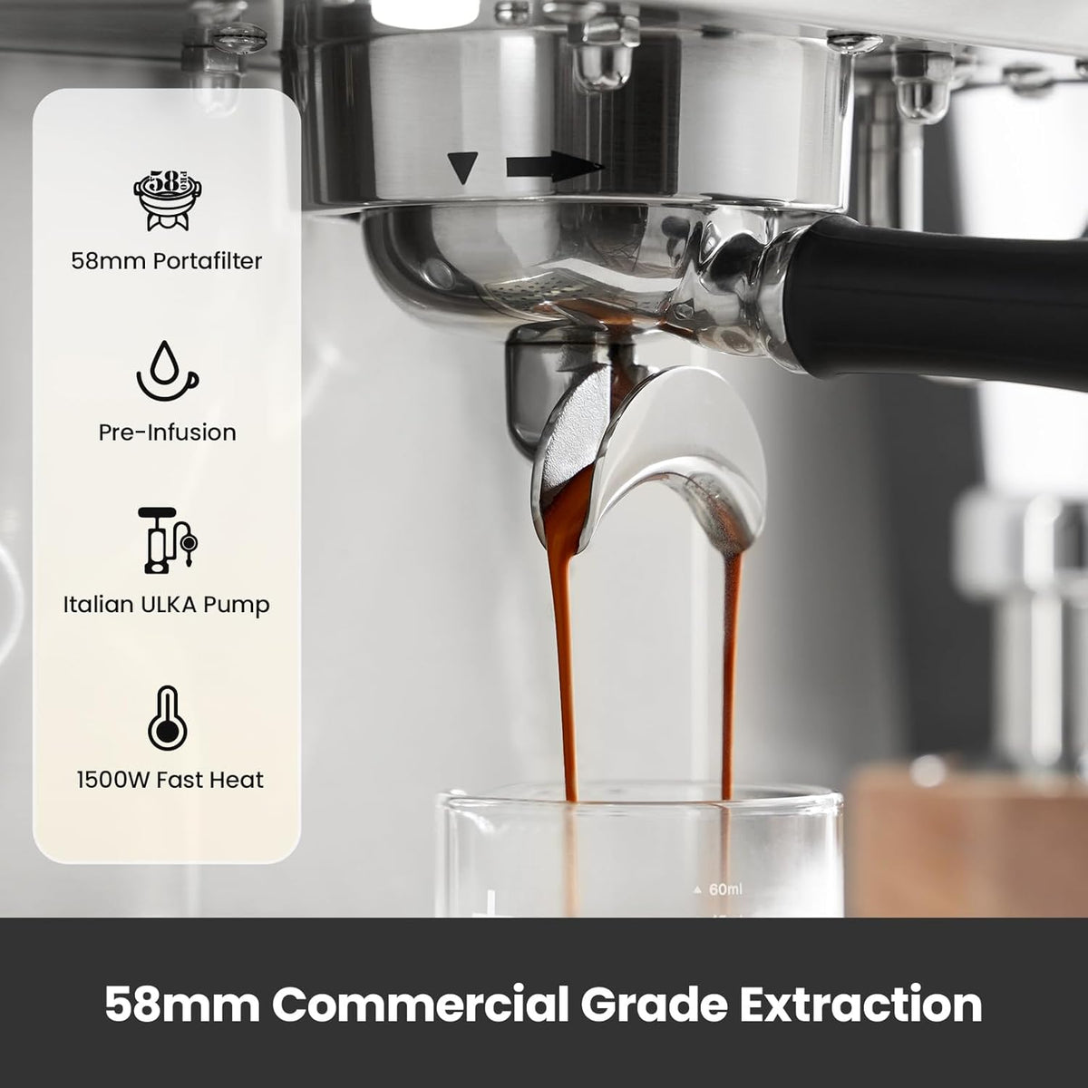 Espresso Machine, 15 Bar Coffee Maker with 1450W Boiler, Milk Frother Steam Wand, Professional Espresso Maker with 57oz Removable Water Tank for Latte, G3007L, Brushed Stainless Steel