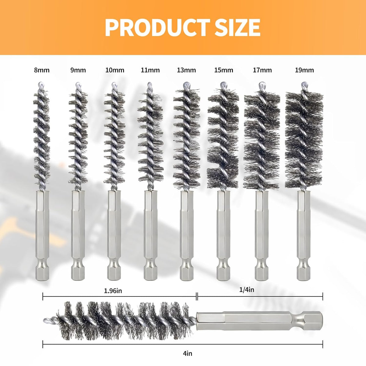 Bore Brush for Drill – 8pcs Stainless Steel Wire Tube Brush in Different Sizes, Twisted Wire Cleaning Brush with 1/4" Hex Shank, bore Brush Copper Pipe Cleaner for Power Drill & Tube Cleaning
