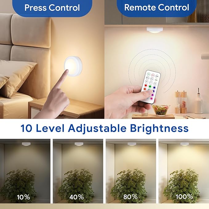 Yiliaw LED Puck Lights with Remote Control, AA Battery Operated, 12 Color Closet Under Cabinet Lighting, Push Tap Light, Under Counter for Kitchen, 12 Pack, White-Magnetic