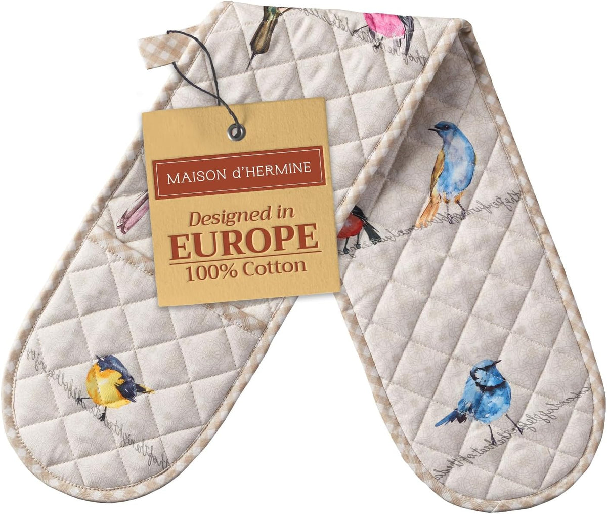 Maison d' Hermine Double Oven Mitts 100% Cotton 7"x35" Double Oven Mitt Heat Resistant BBQ Cooking Gloves with Loop, Baking, Grilling, Home, Kitchen, Handling Hot Pans Spring Summer (Birdies On Wire)