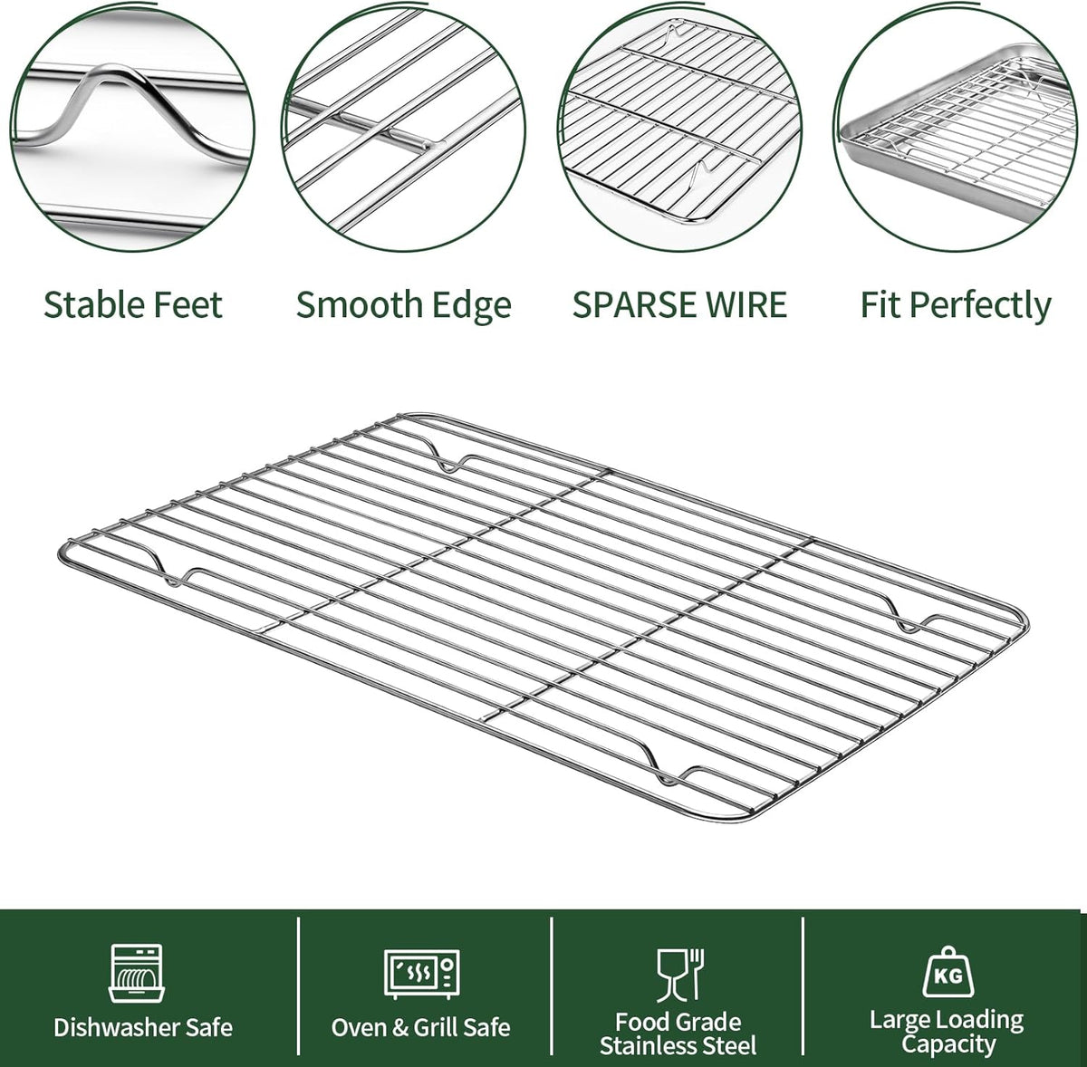 CEKEE Baking Sheet and Cooling Rack Set, 4PCS Stainless Steel Cookie Sheets for Baking with Baking Rack, Non Toxic & Heavy Duty & Easy Clean Baking Pan Tray for Toaster Oven, Size 18 x 12 x 1 Inch
