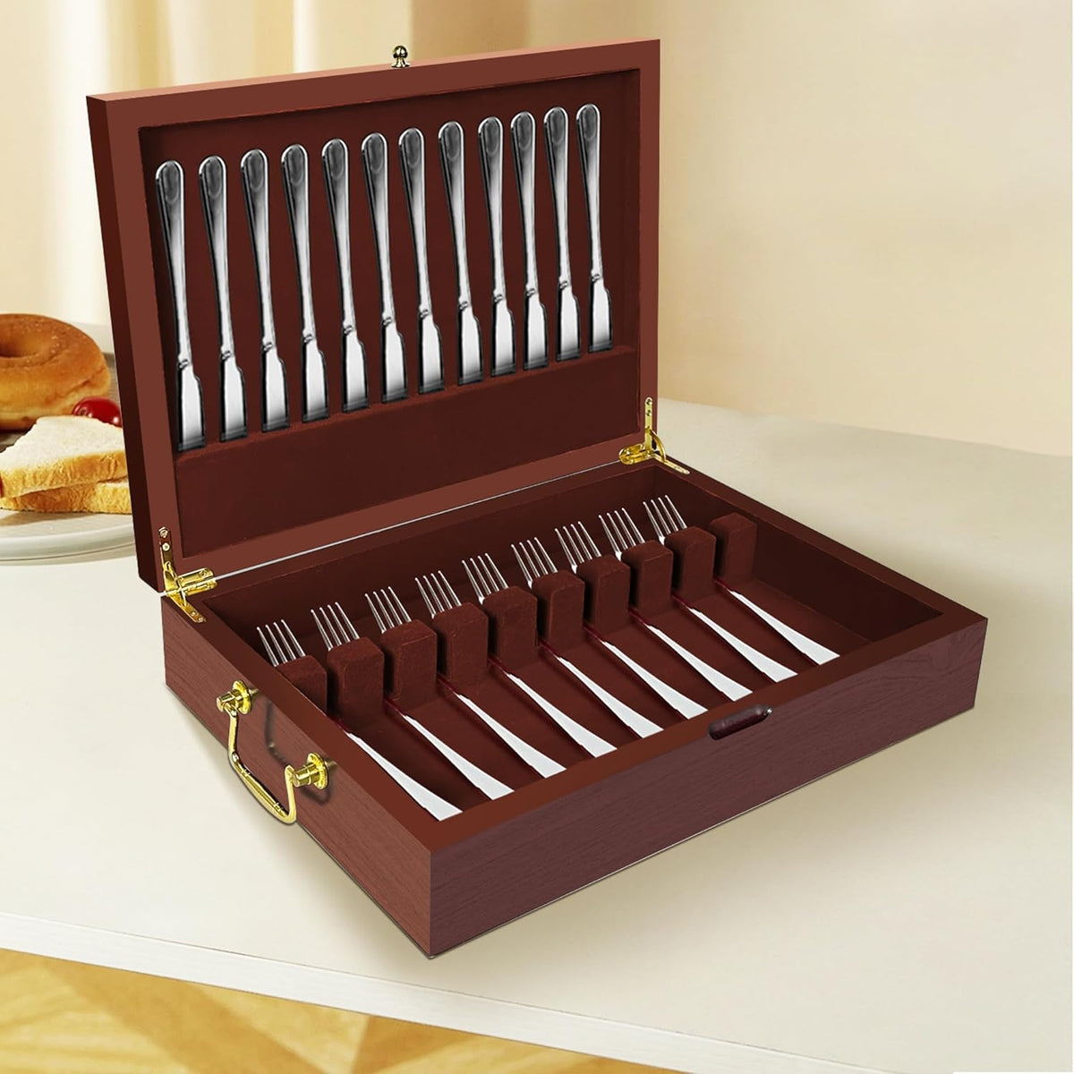 Silverware Storage Box Solid Wood with Lid, Silverware Organizer with Handle and Felt Lined, Silverware Storage Chest for Flatware and Utensils Home Decor Gift, Chest for Flatware Setting Up 15