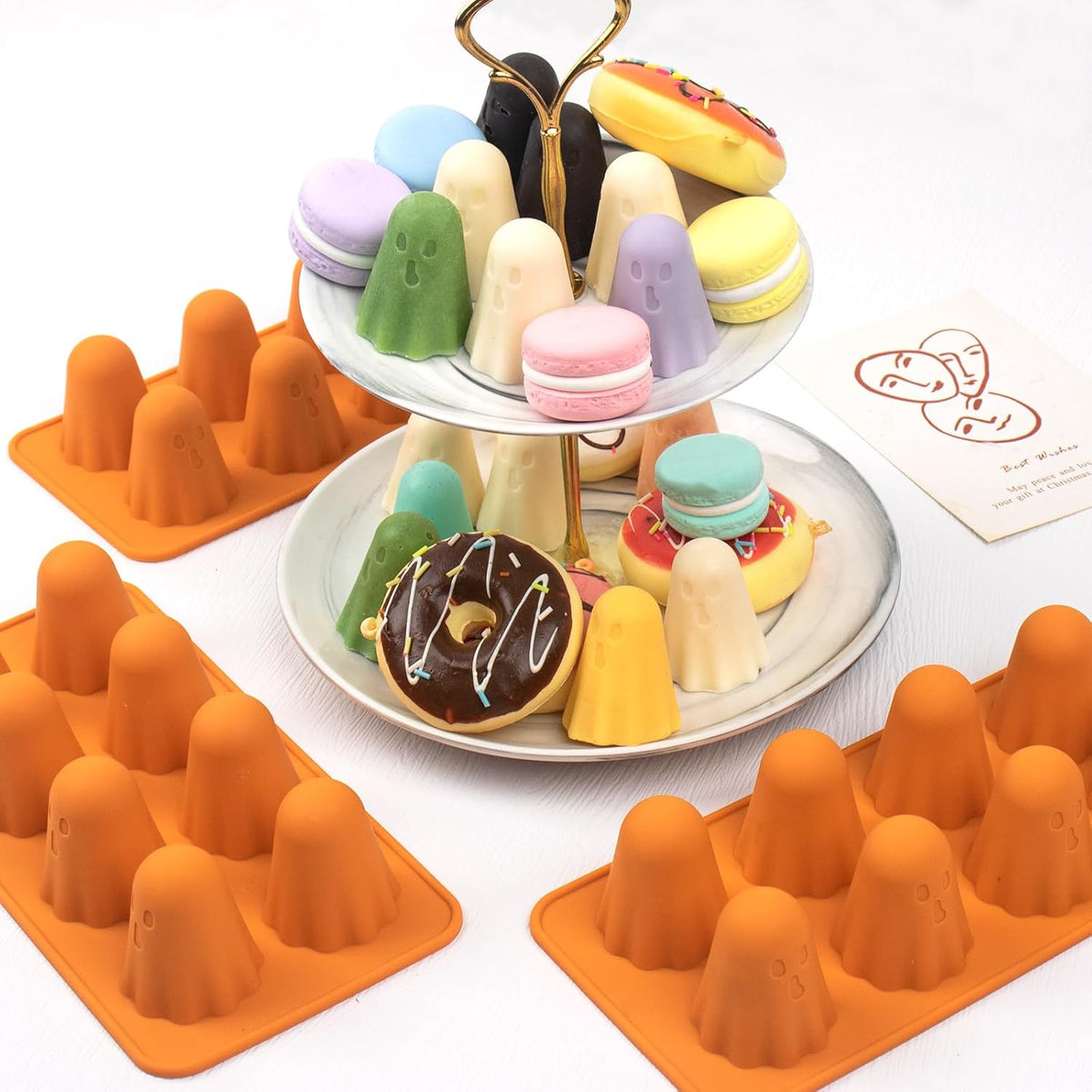 3pcs Halloween Ghost Jello Gummy Baking Silicone Mold with 20 Piping Bags,Halloween Ghost Ice Cake Pop Molds Silicone Non-Stick 3d Jello Shots for Chocolate Gummy Candy Pudding Resin Soap