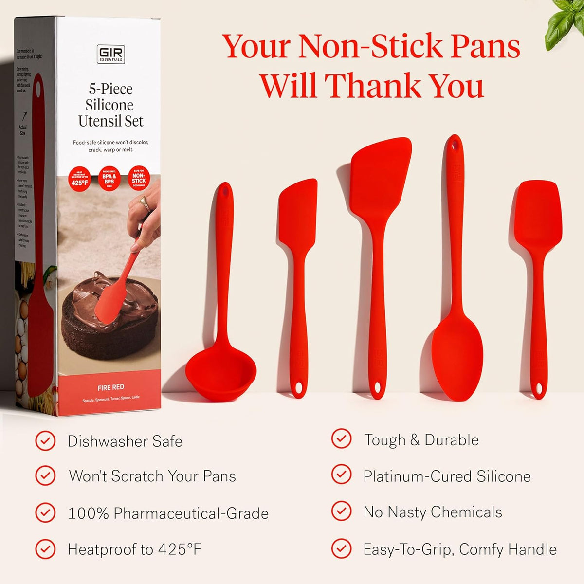 GIR: Get It Right 5-Piece Silicone Spatula & Utensil Set - Medium Fire Red - Kitchen Essentials with Heat-Resistant Non-Stick Tools - Dishwasher-Friendly