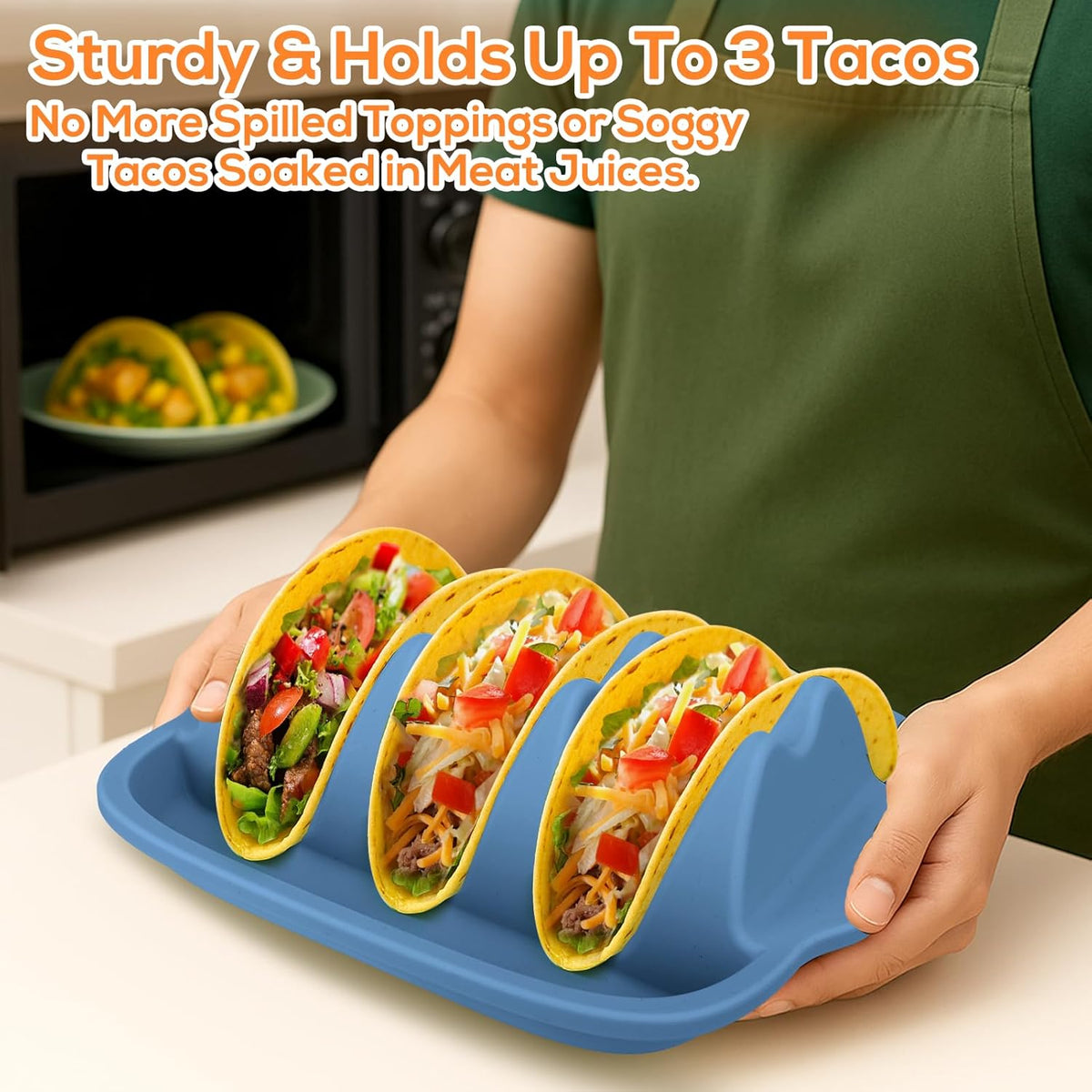 Silicone Taco Holders Set of 2 - Reusable Taco Stand with Dividers for Hard/Soft Shells, Microwave & Dishwasher Safe, Non-Slip Taco Serving Plates for Taco Tuesday, Party, Fiesta