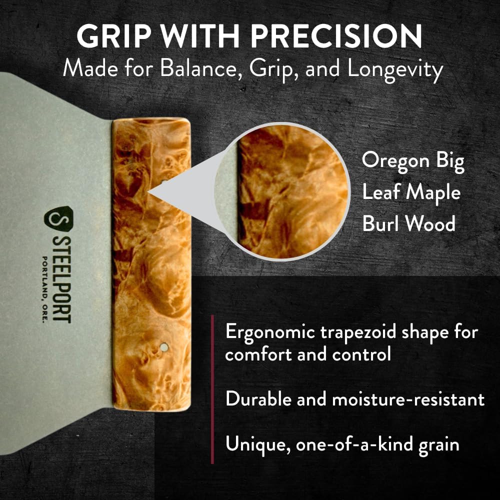 STEELPORT Bench Scraper | USA Made Premium Stainless Steel Dough Cutter & Shaper | Ideal as Bread, Pizza, Pastry Cutter | 18 Gauge Steel Blade, Tapered Oregon Maple Burl Handle | Home & Commercial Use