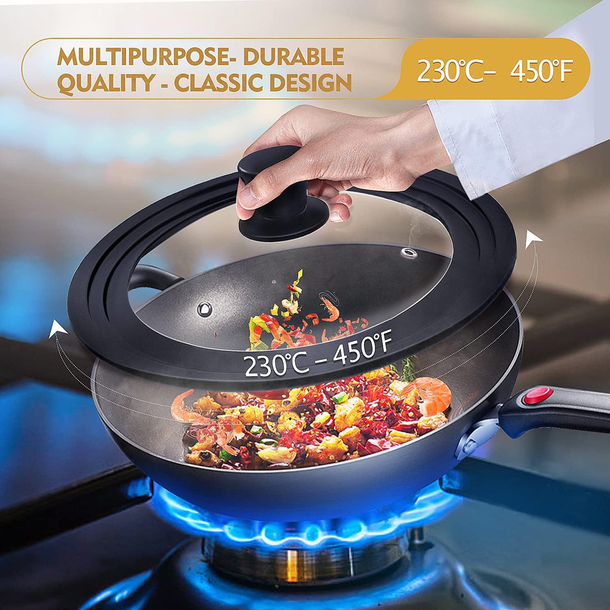 Universal Lid for Pots, Pans and Skillets, Pot Lid With Heat Resistant Silicone Rim and Tempered Glass,Fits 6.5", 7", 8" Diameter Pots and Pans