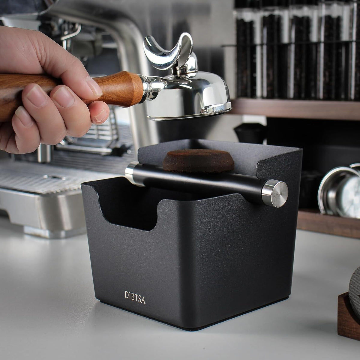 DIBTSA Knock Box Espresso, Stainless Steel Knock Box for Coffee Grounds, with Removable Rubber Bar and Anti-slip Pad, Small, Black