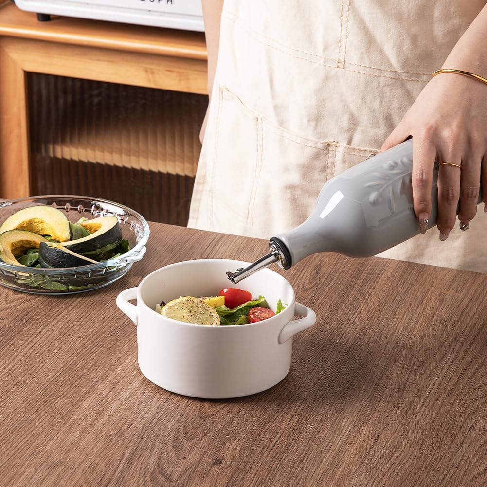 Sweejar Large Olive Oil Dispenser Bottle with Spout, 24 Oz Ceramic Oil Dispenser for Kitchen, Relief Opaque Oil Cruet, Oil Container for Cooking, EVOO, Avocado Oil, Vinegar, Pack of 1(Gray)