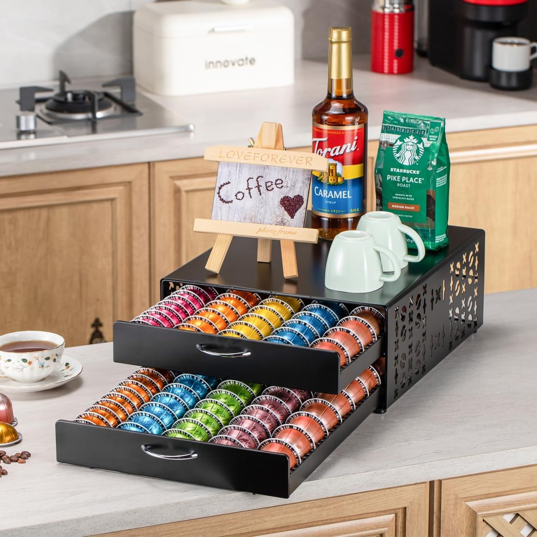 Flagship Vertuo Pod Holder Coffee Storage for Nespresso Organizer - Large Capacity 2 Tier Drawer Fits All Size Vertuo Pods