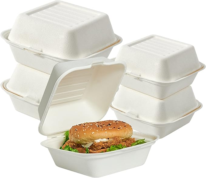 ECOLipak 200 Pack Clamshell Take Out Food Containers, 100% Compostable Disposable To Go Containers，6 * 6 inch To Go Boxes for Salad, Cake,Sandwiches
