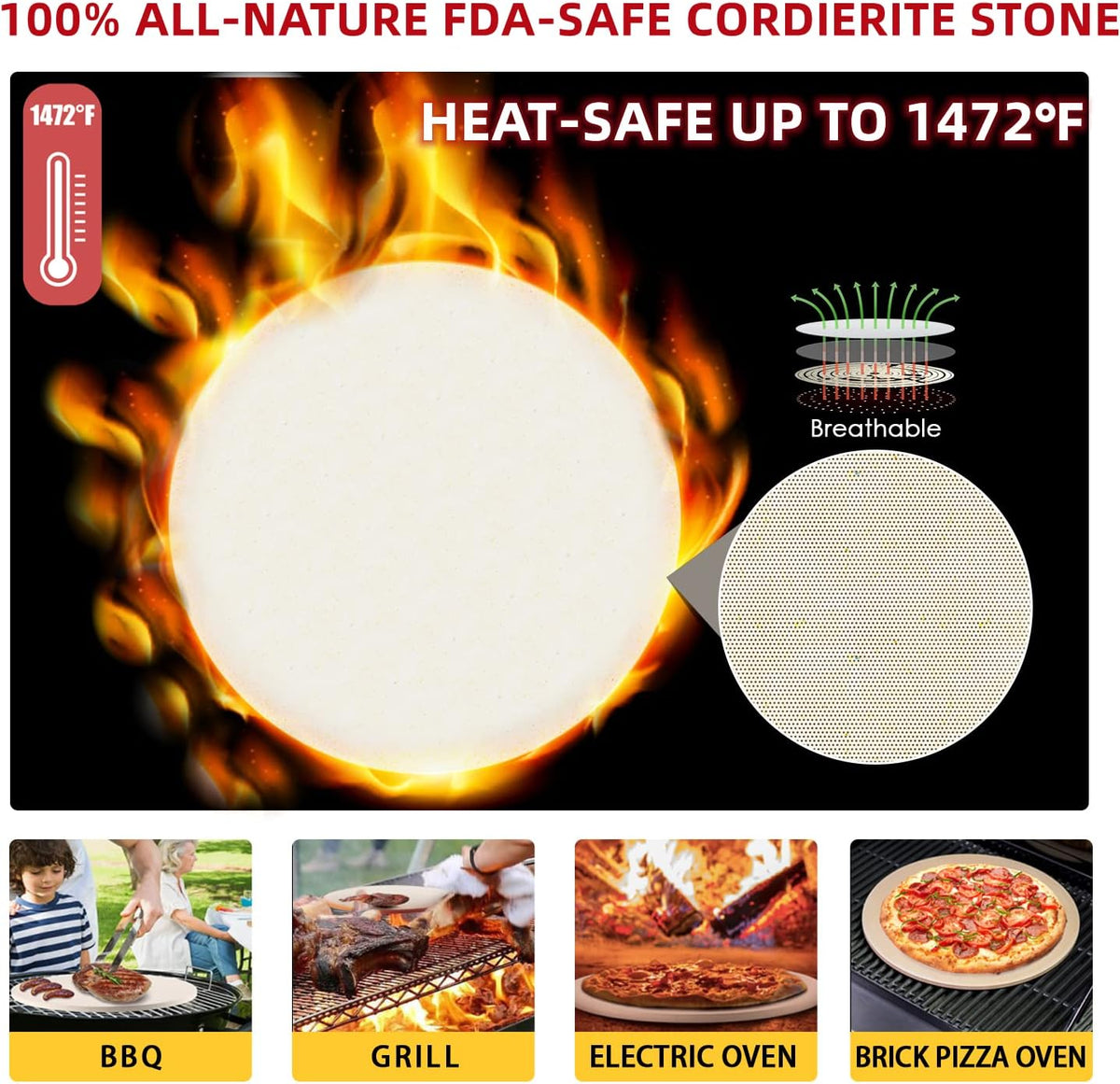 5 PCS Round Pizza Stone Set, 13" Pizza Stone for Oven and Grill with Pizza Peel(OAK),Serving Rack, Pizza Cutter & 10pcs Cooking Paper for Free, Baking Stone for Pizza, Bread