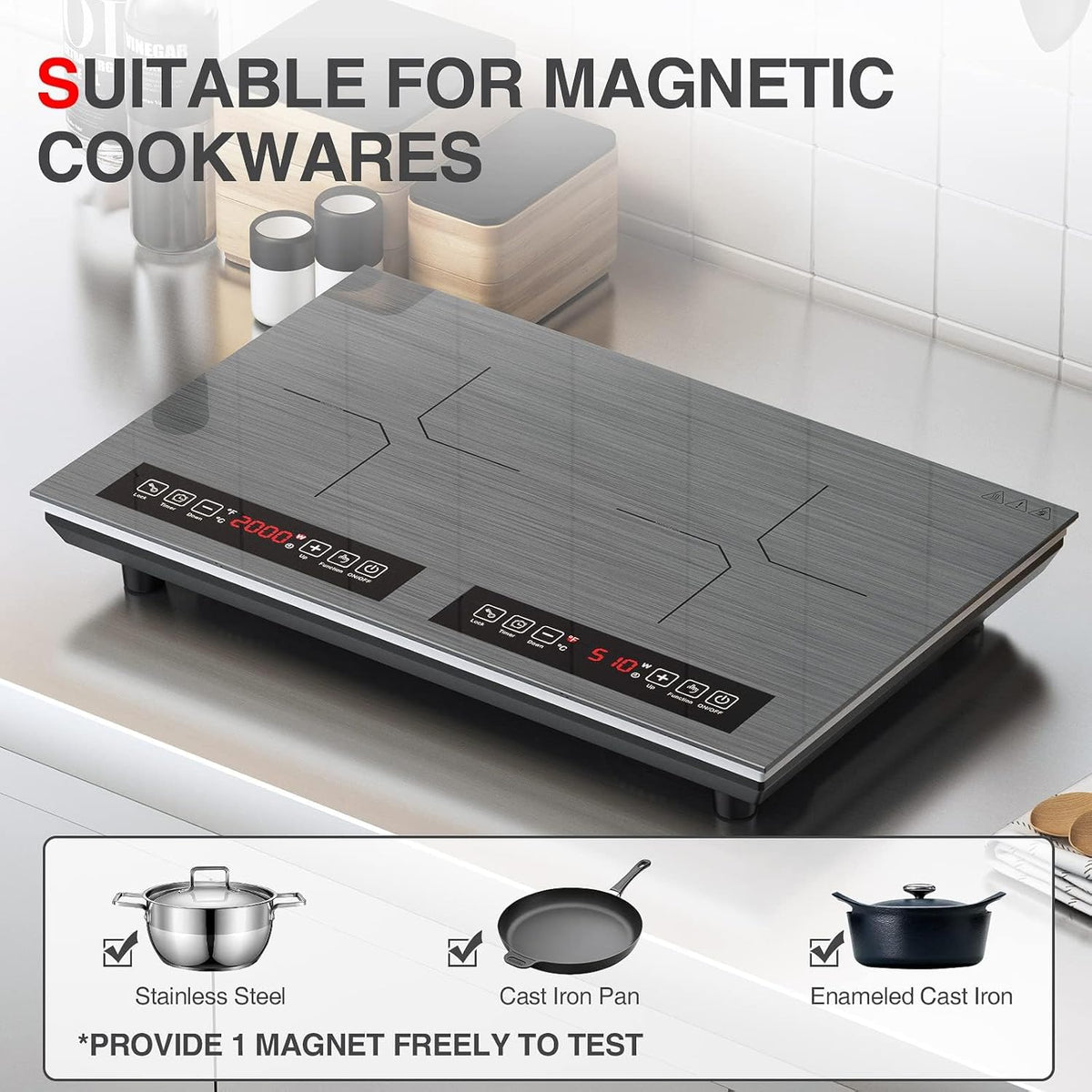 Double Induction Cooktop 110v-120v, 2 Burner Electric Cooktop 24 inch 4000W Induction Stove Top, Hot Plate LED Touch Screen, 9 Temperature, Safety Lock