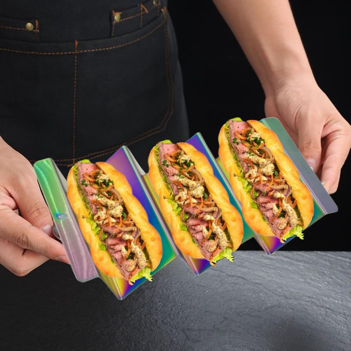 Metal Taco Holder, Set of 6 Stainless Steel Taco Tray - Stackable Storage Durable and Easy to Clean, Dishwasher Oven Safe