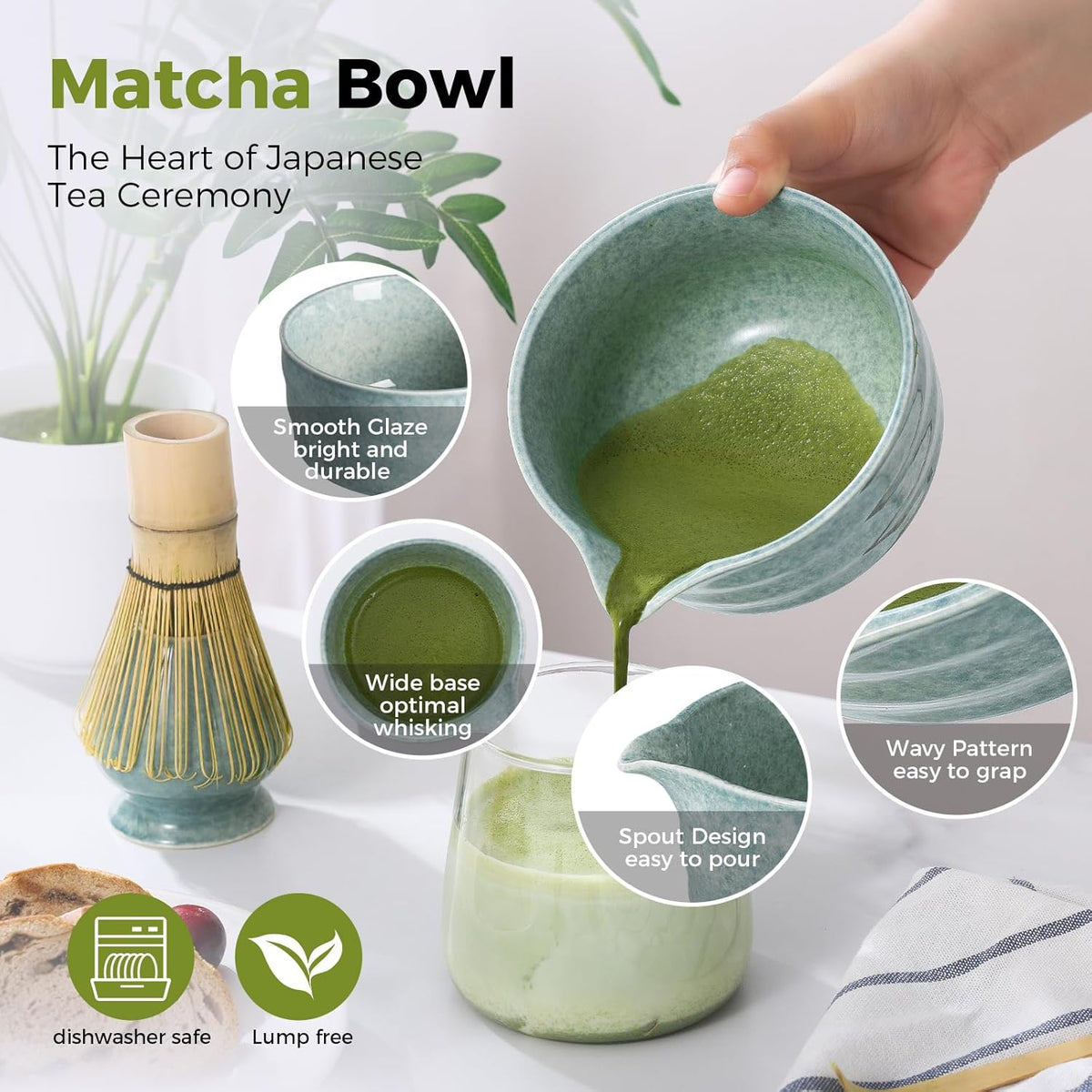 Matcha Whisk Set - Bamboo Whisk and Holder, Bowl with Spout (17 oz), Matcha Sifter and Scoop, 5 Pcs Cute Matcha Kit Set Gift for Matcha Lovers (Bluish Green)