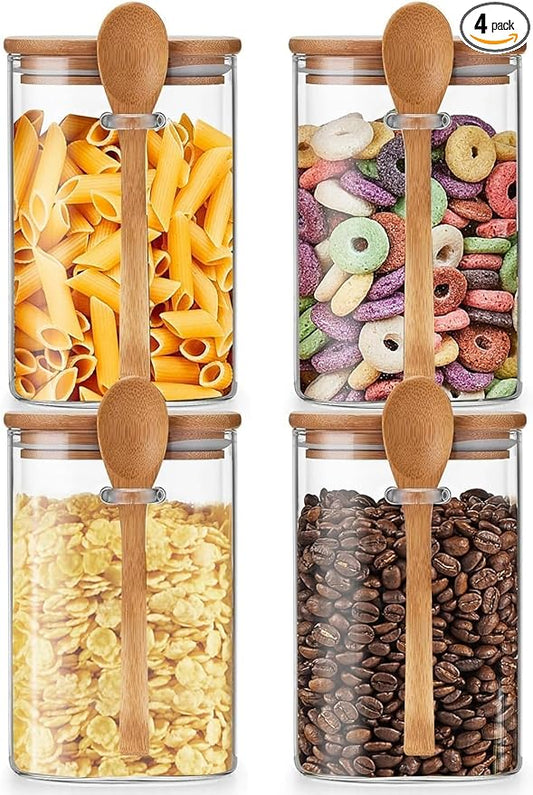 Unbreakable - Glass Jars with Airtight Bamboo Lid and Spoon, 4Pcs 39OZ Overnight Oats Containers, Kitchen Canisters, Glass Food Storage Containers for Coffee Beans, Flour, Sugar, Cookie,Pasta