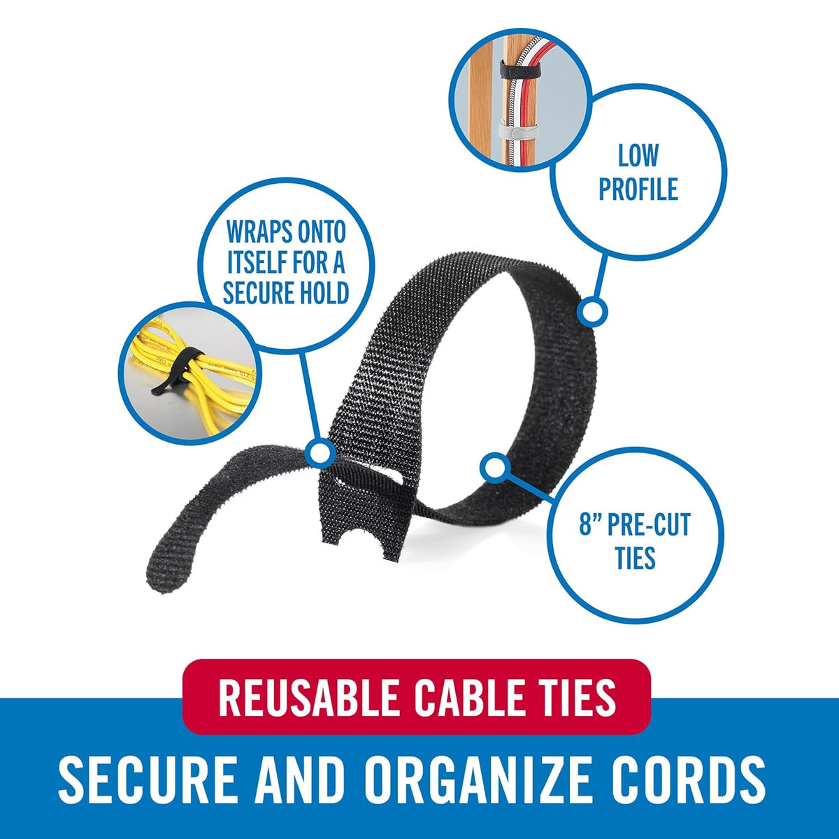 VELCRO Brand 150pk Cable Ties Value Pack | Replace Zip Ties with Reusable Straps, Reduce Waste | For Wire Management and Cord Organizer | 8 x 1/2" Thin Pre-Cut Design, Black and Gray