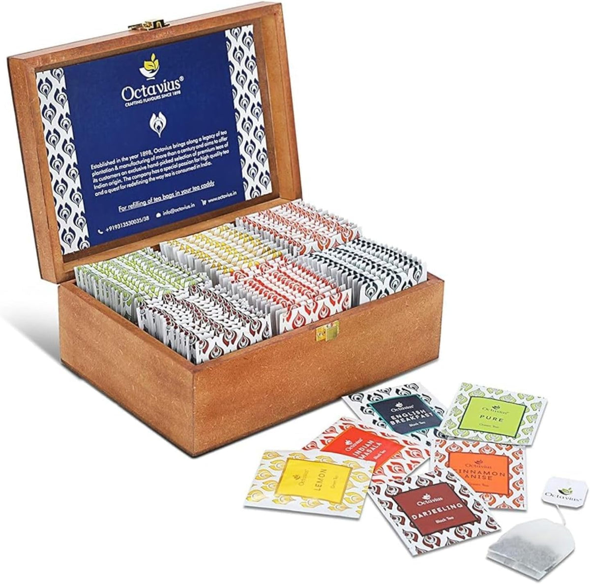 Octavius Gift's Select - Assorted Tea in Lotus Printed Wooden Box | 6 Flavors, 90 Tea Bags | Black & Green Tea | Tea Gifts for Women & Men | Tea Variety Pack | Mothers Day Tea Gift Box