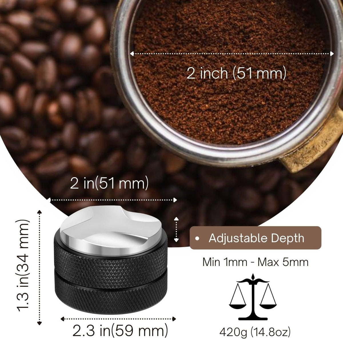 Flexzion Espresso Distribution Tool 51mm Coffee Leveler, Adjustable Depth and Universally Compatible Espresso Leveler for 51mm Portafilters and Espresso Machines