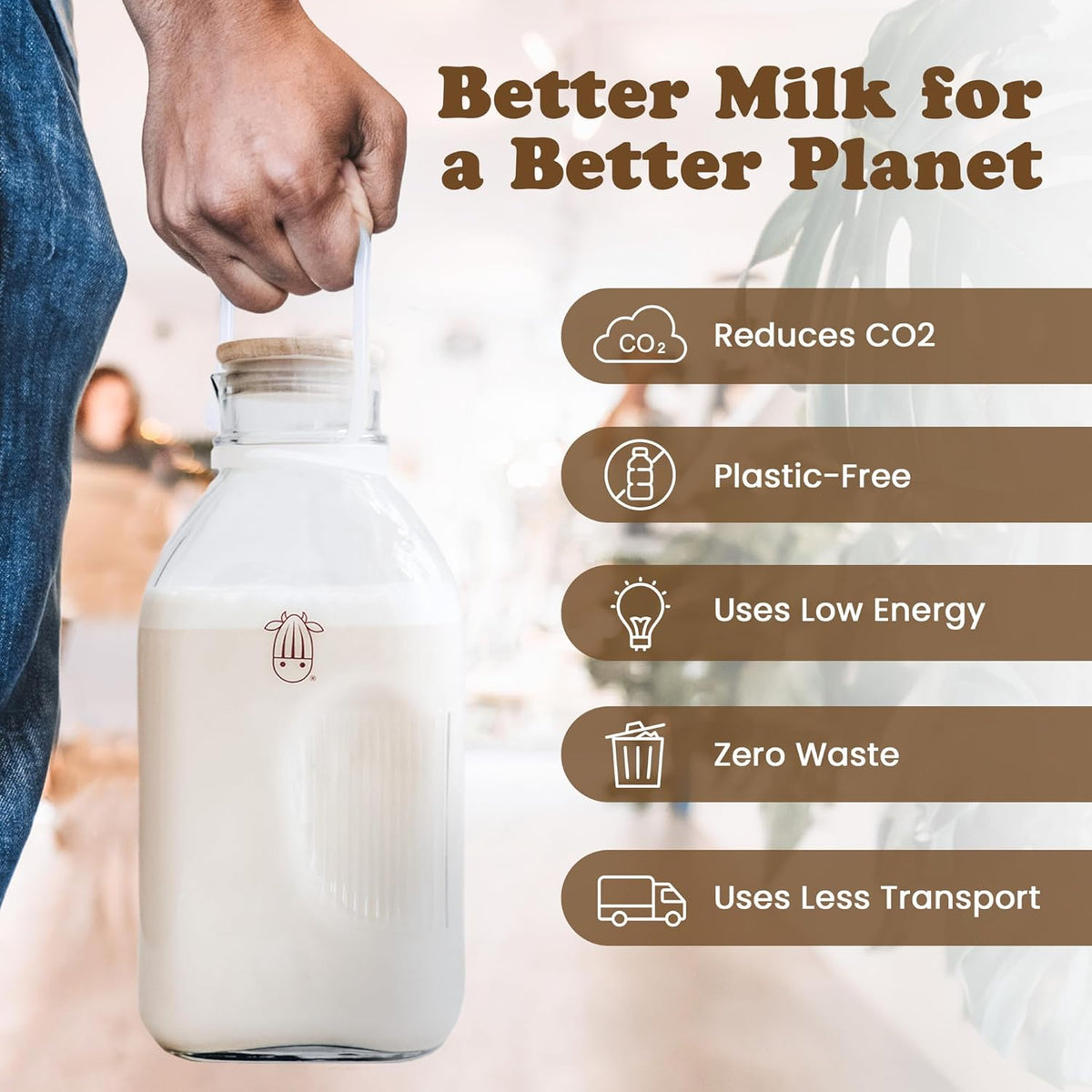 Almond Cow - Glass Pitcher with Lid and Spout, Glass Bottle Milk Container for Refrigerator, Clear Milk Jar Bottles, Food-Grade Liquid Container, 60 fl oz Capacity, 5 x 4 x 10 Inches