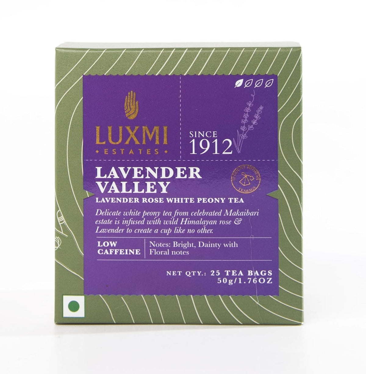 Luxmi Estates Lavender Valley Organic Lavender Tea (25 Tea Bags) Low Caffeine Tea Bags For Sleep, Relaxing, Calming, and Stress Relief, With Certified Organic Darjeeling Makaibari White Tea