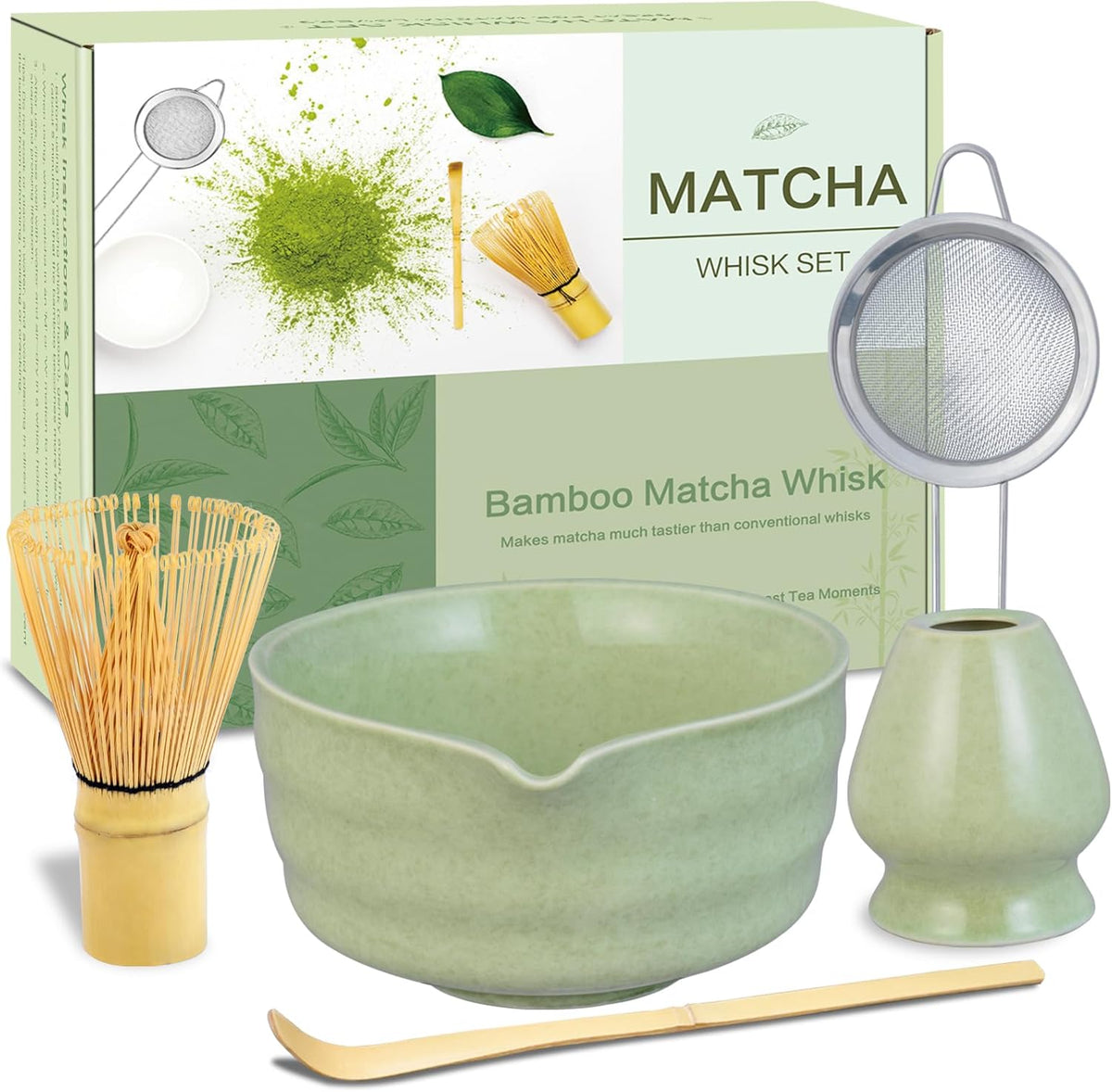 Matcha Whisk Set, Ceramic Matcha Bowl with Spout, Matcha Whisk, Chasen Holder, Powder Sifter, Bamboo Scoop, Complete Tea Making Kit for Matcha Lovers, Unique Gifts for Women Men Christmas