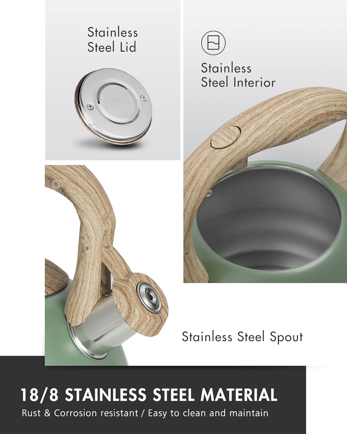 Poliviar Tea Kettle, 2.7 Quart Seaweed Green Finish with Wood Pattern Handle Loud Whistle Food Grade Stainless Steel Teapot, Anti-Hot Handle and Anti-Rust, Suitable for All Heat Sources (JX2020-SB30)