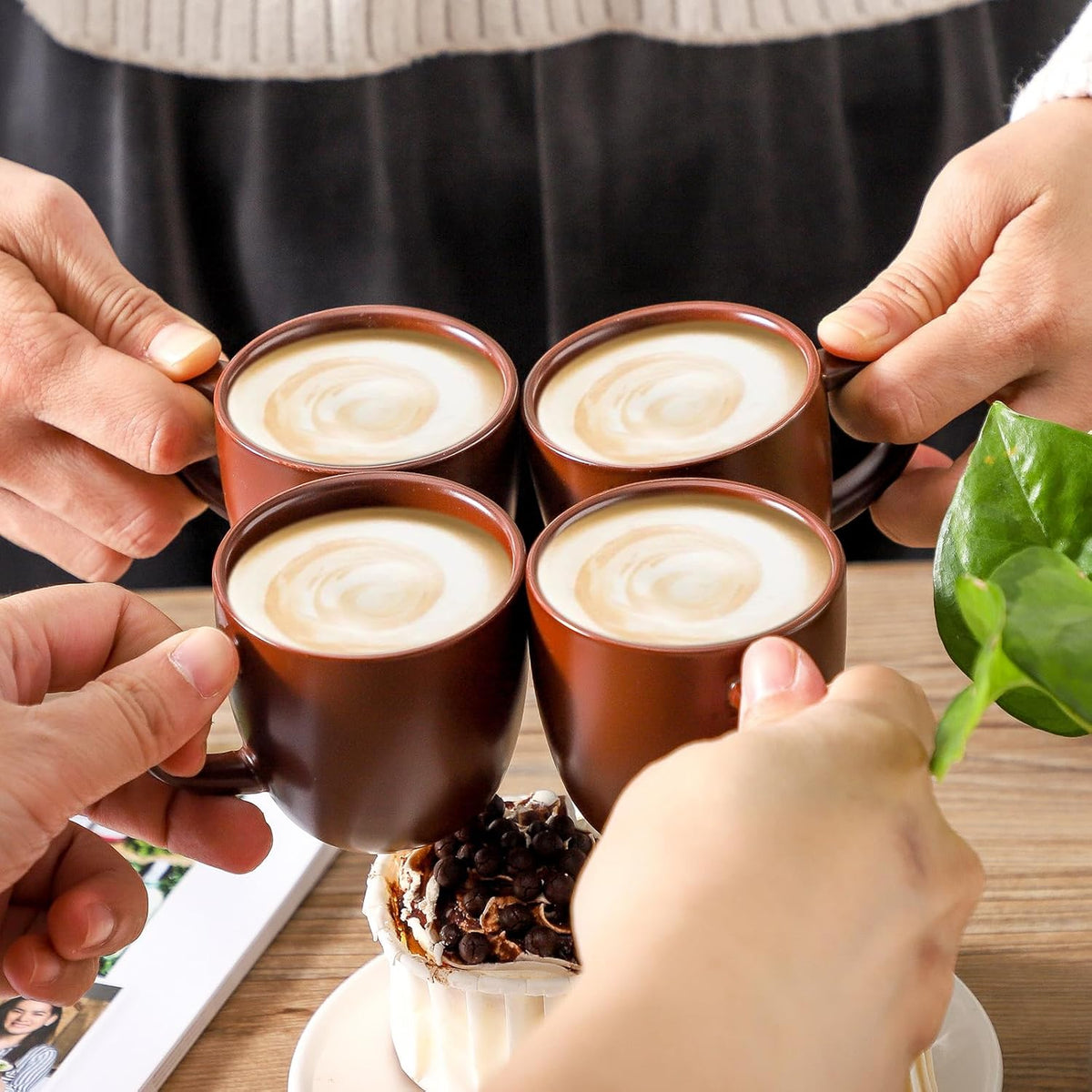 Hasense Stackable Porcelain Mini Espresso Cups and Saucers Set of 6, 4 OZ Ceramic Small Demitasse Espresso Shots Cups with Lids for Nespresso Lungo, Latte, Cafe Mocha and Tea, Brown