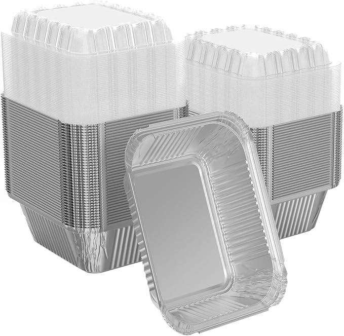 100 Pack 2 lb Rectangular Disposable Aluminum Foil Pan 32 oz Take Out Food Containers with Clear Plastic Dome Lids, for Catering, Baking, Roasting Food