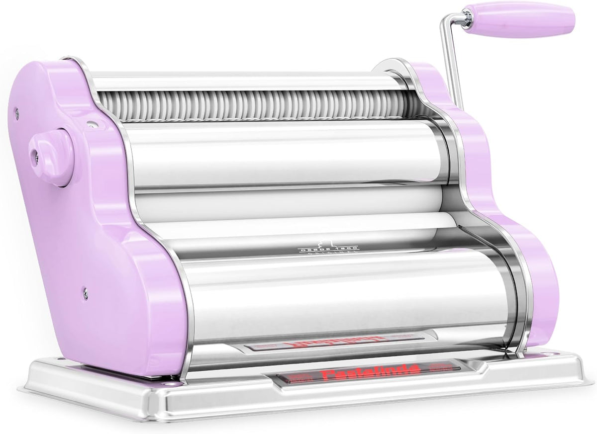 PASTALINDA Classic 260 Pasta Maker Machine, 26 cm Wide Rollers, 9 Thickness Positions, 2 Cutting Positions, Stainless Steel. Includes Reinforced Hand Crank And Two Clamps (Lilac)