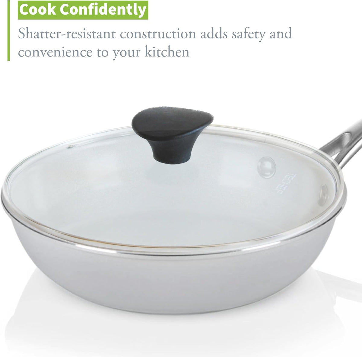 TECHEF 8 Inch Tempered Glass Lid – Fits 8” Frying Pans and Pots – Steam Vent, Stainless Steel Rim – Oven & Dishwasher Safe – Made in Korea