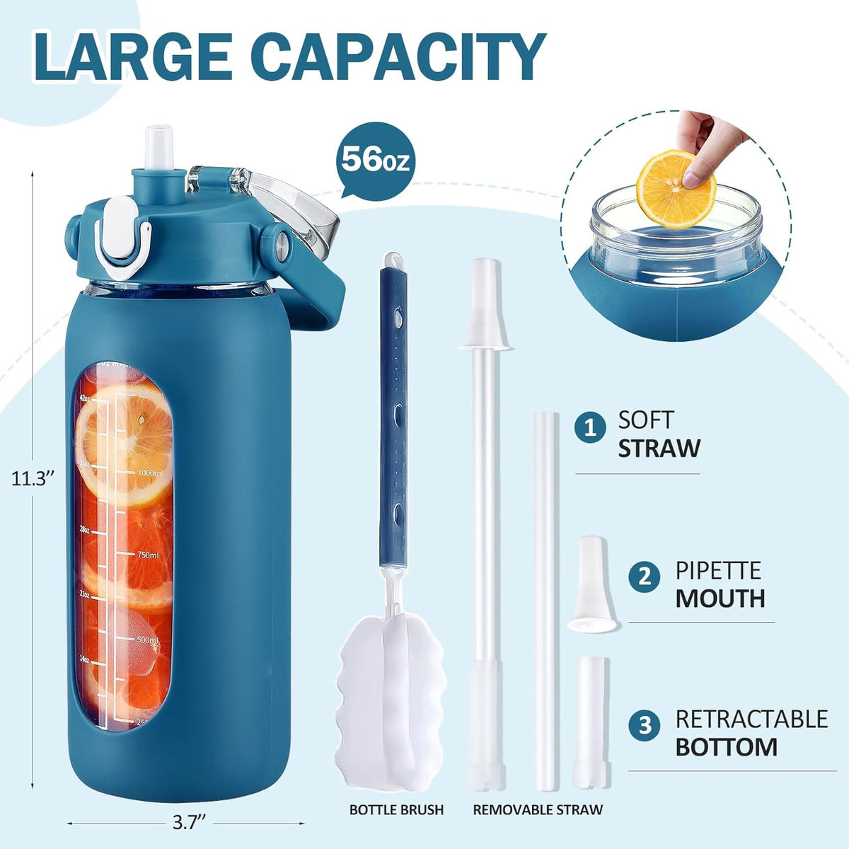 kytffu 56oz Glass Water Bottles with Straw, Motivational Glass Bottle with Silicone Sleeve and Time Marker, Leakproof Large Glass Water Jug for Gym Home Office,Iron Blue