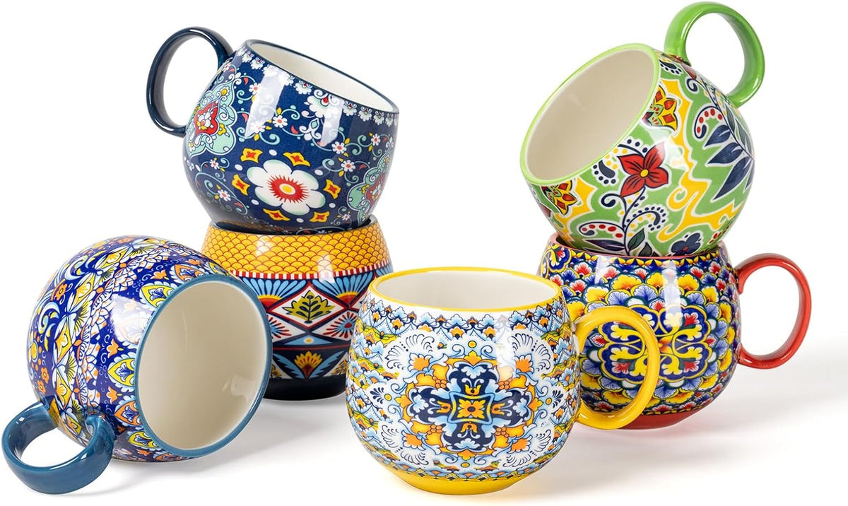HENXFEN LEAD Boho Coffee Mugs 20 Ounce - Porcelain Cups for Latte, Tea, Cappuccino, Cocoa, Soup, Dishwasher, Microwave Safe, Christmas Gift Set of 6 - Bohemian Style